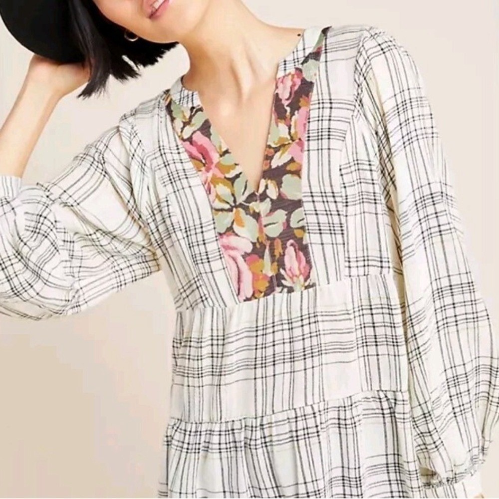 by Anthropologie Black/White Darlene Plaid Peasant Blouse